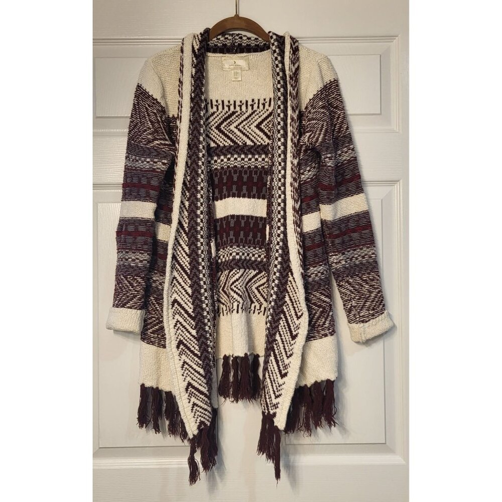 Ruby Moon Striped Maroon and Cream Boho Western Fringed Long Sleeve Cardigan M